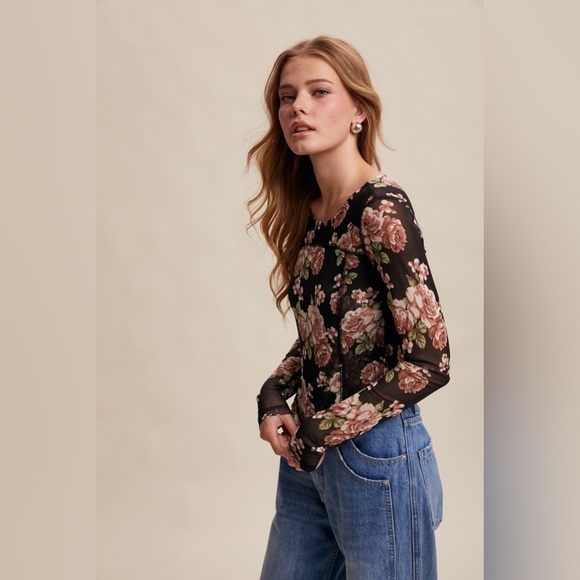 NWT Listicle Mesh Floral Long Sleeve Blouse Top Shirt - Picture 4 of 11